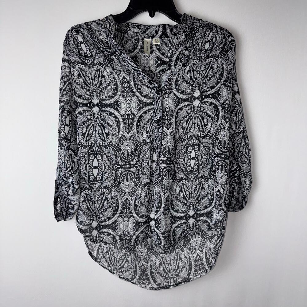 Tacera Womens Black‎ White 3/4 Sleeve Embroidered Pattern Blouse Petite Small